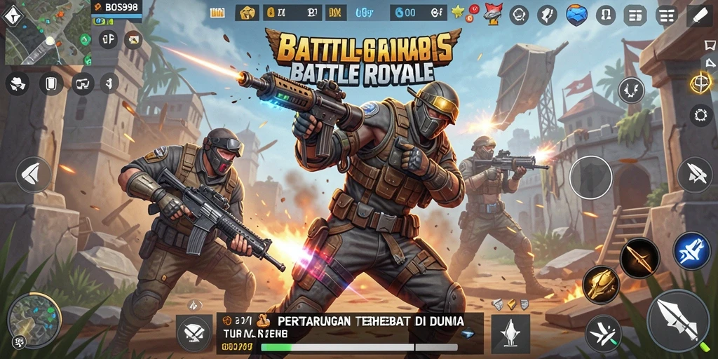 Tampilan gameplay seru dalam pertempuran Battle Royale yang mendebarkan.