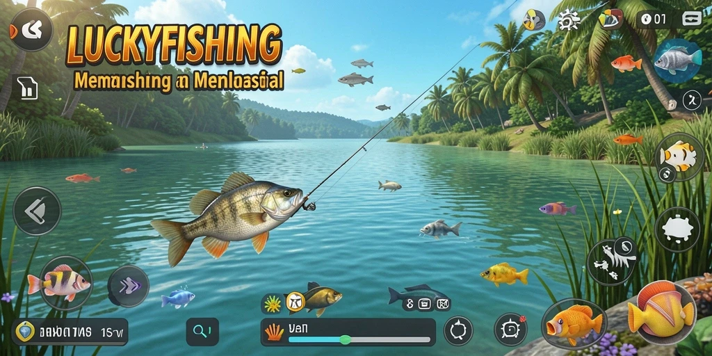 Screenshot gameplay LUCKYFISHING yang menunjukkan aktivitas memancing yang seru.