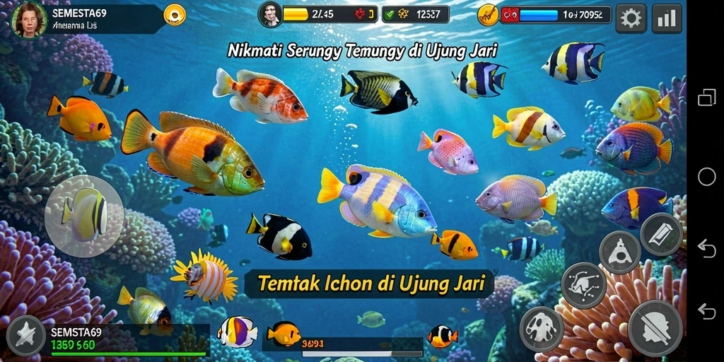 Tampilan gameplay seru dalam SEMESTA69 dengan beragam ikan warna-warni.